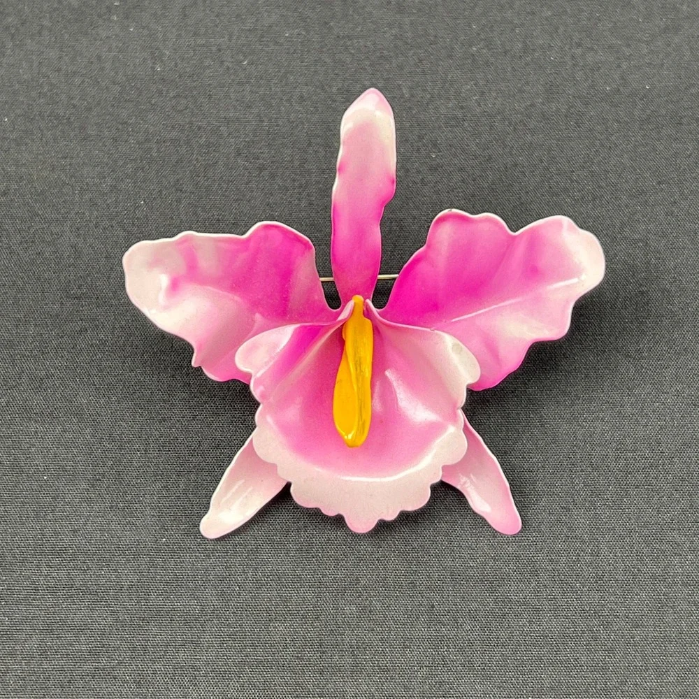 Vintage Brooch Enamel‎ Flower Pink White Orchid Pin Large 3